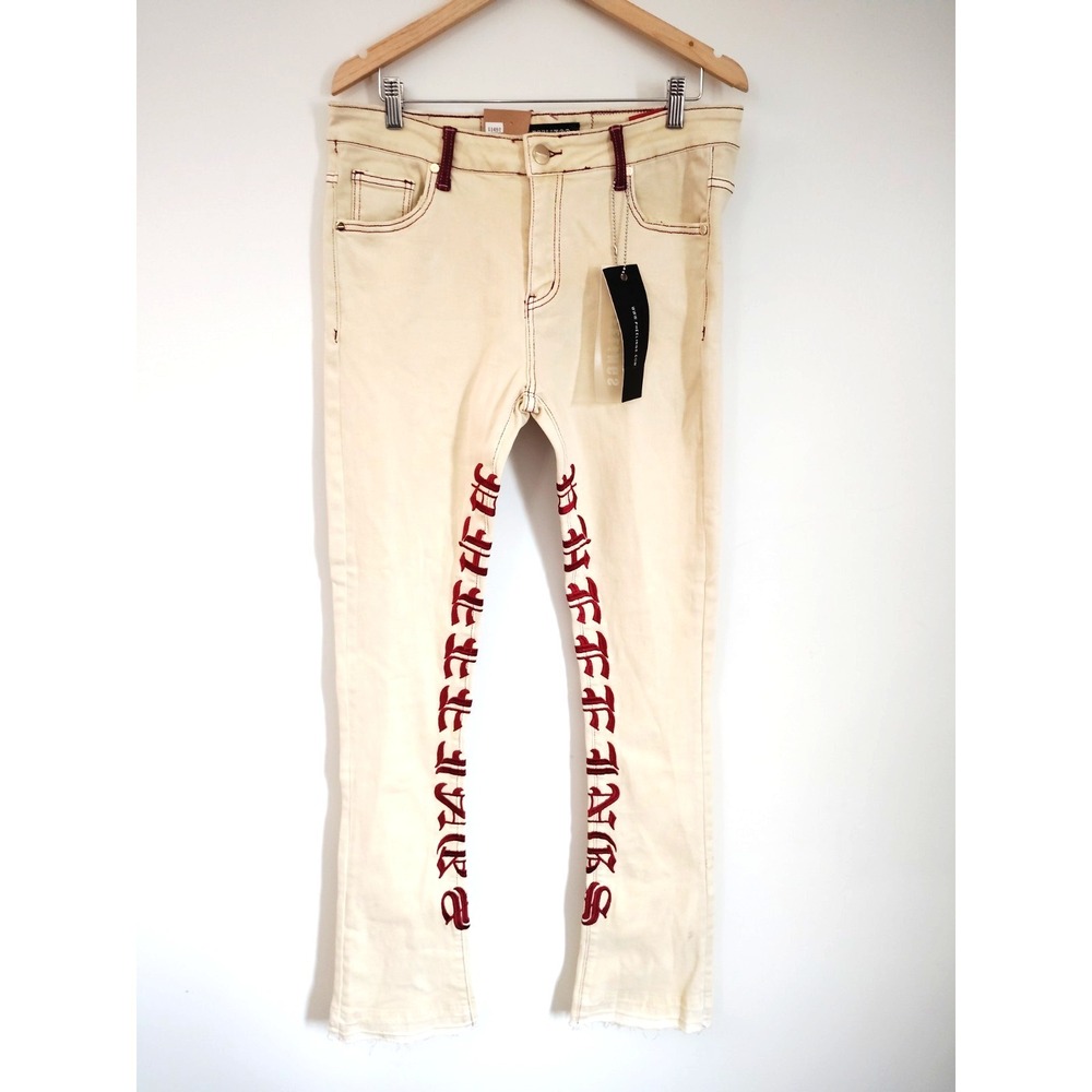 NWT-Pheelings Men 34 Saints‎ Suffering Beige Jeans Red Gothic Embroidery Preppy